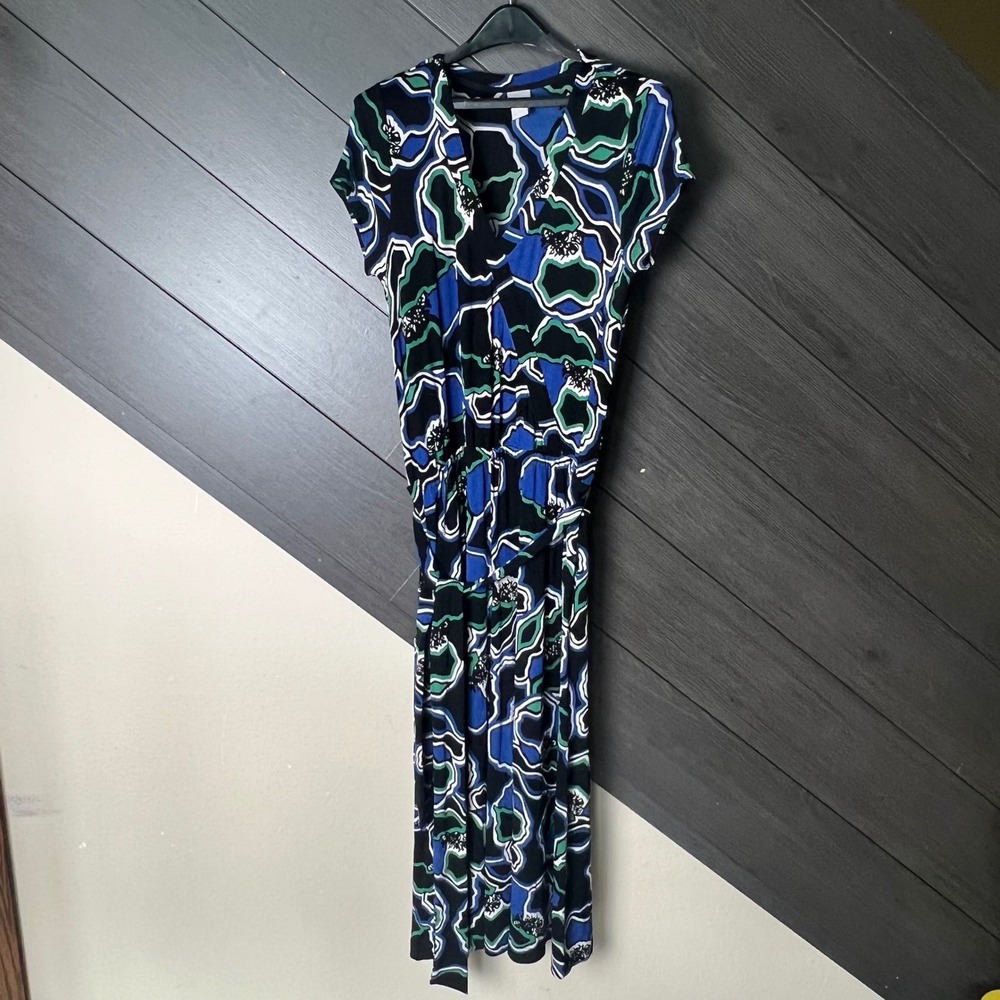 Chico's Women Abstract Print Maxi Dress Size 1 Blue Green Stretch Belted Pocket - Picture 2 of 7
